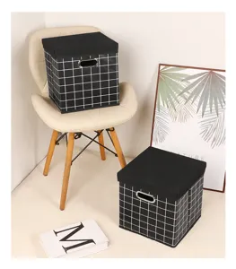 Klappbare Stoff-Aufbewahrungsbox mit Deckel schwarz-weiße Gitter Design Haushalts-Organizer