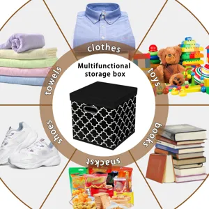 Foldable fabric storage box with lid, black geometric pattern home organizer for clothes.