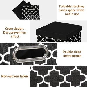 Foldable fabric storage box with lid and metal handles, ideal for clothes and toys organizing.