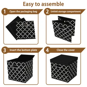 Foldable fabric storage box with lid and geometric pattern, easy assembly organizer bin.