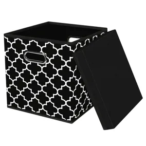 Black folding fabric storage box with lid and metal handle for home wardrobe organization
