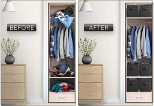 Foldable fabric storage box for wardrobe closet organization and clothing sorting box.