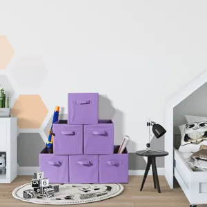 Purple fabric storage bins set, foldable square toy organizer boxes for kids room.