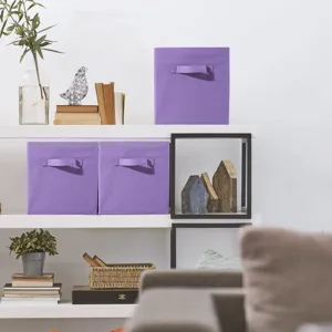 Purple folding fabric storage box open square basket with handle for wardrobe and shelf organizing.