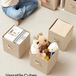 Foldable fabric storage cubes set, beige collapsible organizing bins for home and wardrobe.