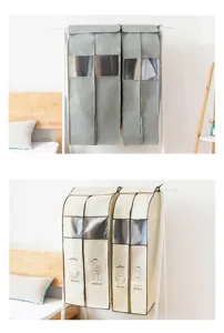 Detalle de funda para ropa colgante, bolsa de almacenamiento transparente para abrigos y vestidos.