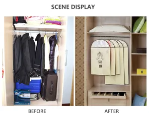 Housse anti-poussière suspendue en intissé pour vêtements costume rangement de garde-robe manteau.
