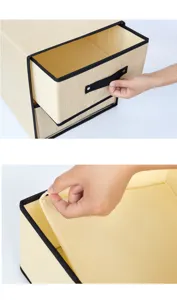 Fabric storage box drawer organizer detail showing the pull handle and inner board.