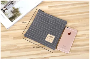 Grey grid canvas zipper pouch with size dimensions, compact coin purse for women daily use.