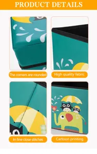 Foldable fabric storage box detail view showing neat stitching, rounded corners and cute print.