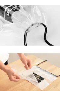 Vue de détail du sac de rangement transparent en PVC avec cordon, organiseur de voyage étanche.