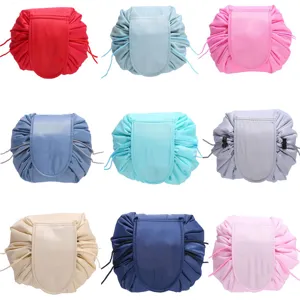 Detail view of multi-color lazy cosmetic drawstring makeup bags, convenient portable storage.