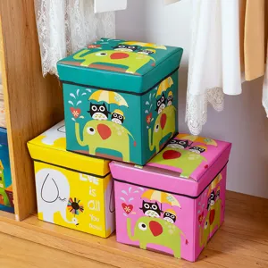 Foldable cartoon elephant storage stool box with lid, cute toy and clothes organizer for home.