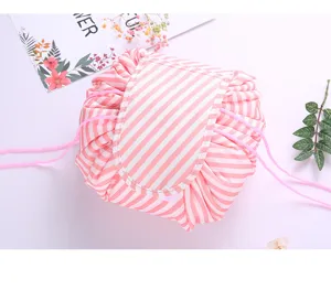 Pink striped lazy drawstring cosmetic bag waterproof travel makeup pouch toiletry organizer