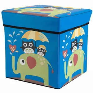 Foldable cartoon storage stool box for toys and clothes, blue fabric home organizer seat.