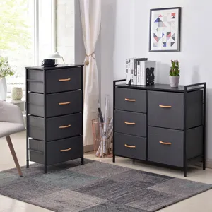 Fabric storage drawer cabinet with metal frame, ideal for living room and bedroom use.