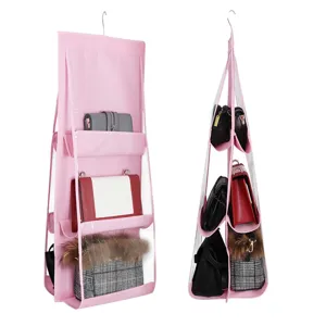 Hänge-Handtaschen-Organizer mit klaren PVC-Taschen, rosa Stofftaschen-Aufbewahrung für Schrank.