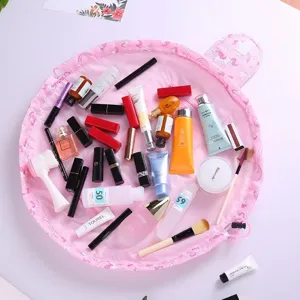 Waterproof lazy drawstring makeup bag large capacity travel cosmetic storage pouch pink