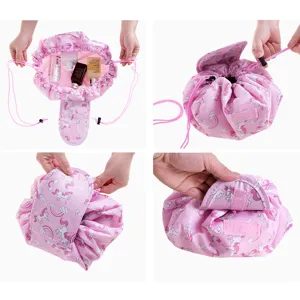 Waterproof lazy cosmetic bag with cute unicorn print, large capacity drawstring toiletry organizer.