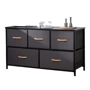 Fabric storage cabinet with five drawers and wood handles for living room bedroom use.