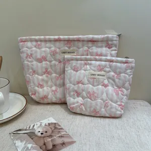 Cute Quilted Cotton Cosmetic Bag Large Capacity Bow Pattern Storage Pouch Travel Makeup Organizer Bag For Women Girls