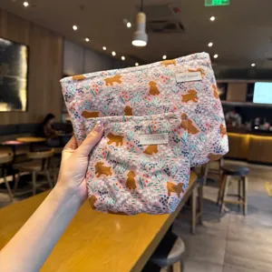Korean minimalist cute puppy floral cosmetic bag set, portable canvas wash storage pouch.