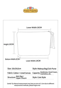 Canvas cosmetic pouch detail view, compact zipper makeup bag with clear dimensions for daily use.