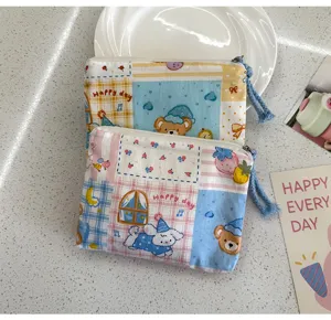 Cute cartoon canvas coin purse portable cosmetic makeup zipper storage pouch for women