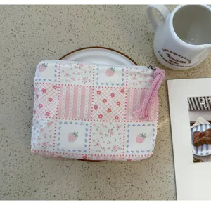 Canvas cosmetic bag, cute strawberry floral print coin pouch, portable travel makeup organizer.