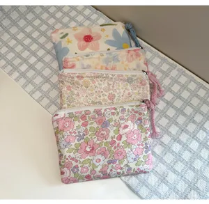 Floral print mini canvas zipper pouch, cute floral coin purse and lipstick makeup bag for girls.