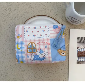 Cute cartoon canvas coin purse portable makeup storage bag for women and girls daily use