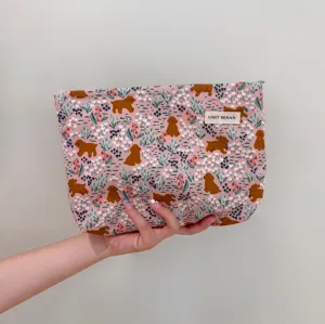 Cute dog print canvas makeup bag for women, portable travel cosmetic storage pouch and wash bag.