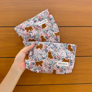 Cute Korean style puppy print makeup bag portable cosmetic pouch for women travel storage.