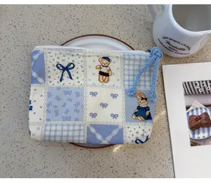 Cute blue plaid patchwork canvas coin purse with adorable bear and rabbit print for daily use.