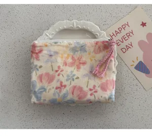 Floral print mini cosmetic pouch cute canvas coin purse portable lipstick storage bag new