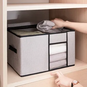 Foldable fabric storage box for clothes, large linen organizer bin with clear window for wardrobe.