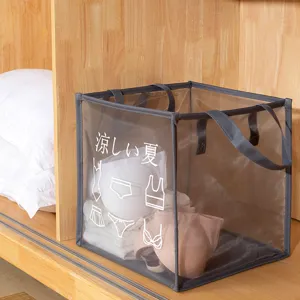 Foldable mesh laundry basket with dual handles, breathable storage hamper for clothes and toys.