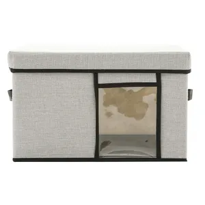 Foldable fabric clothes storage box with lid and clear window, grey linen storage bin for home.
