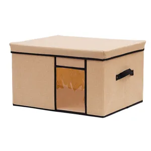 Large foldable fabric clothes storage box with clear front window and lid in beige.