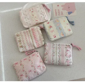 Floral mini cotton coin pouch cute zippered storage bag for lipstick cards and earphones detail