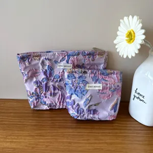 Borsa cosmetica con jacquard floreale viola stile vintage custodia per trucco con cerniera