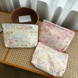 Pastel Grid Rabbit Cartoon Print Cosmetic Bag Cute Travel Toiletry Organizer Waterproof Zipper Makeup Pouch Handbag