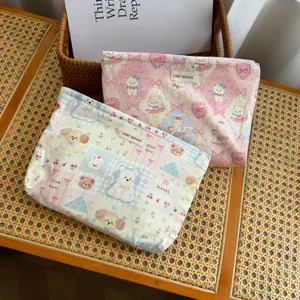 Cute cartoon rabbit print cosmetic bag travel portable makeup storage pouch cute design detail view.