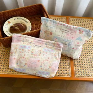 Floral grid cartoon rabbit cosmetic pouch, cute travel toiletry and makeup storage bag for women.