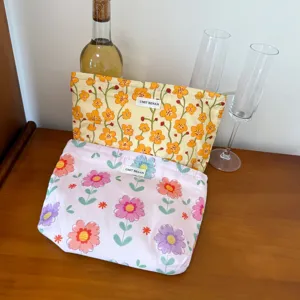Floral cotton cosmetic pouch set, cute zipper makeup bag for daily travel storage and organization.