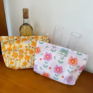 Floral print cotton cosmetic pouch storage bag portable makeup organizer with brand label