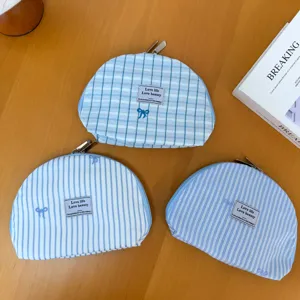 Blue striped cosmetic bag portable fabric makeup pouch with cute bow embroidery shell design