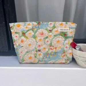 Large capacity oil painting floral makeup bag portable canvas cosmetic storage clutch pouch