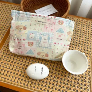 Cute grid cosmetic bag with cartoon bear and dog print fabric travel storage pouch