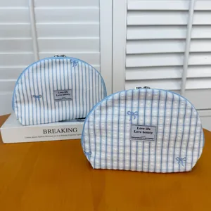 Blue Stripe Embroidered Bowknot Cosmetic Bag Portable Fabric Skincare Shell Bag Large Capacity Storage Handbag